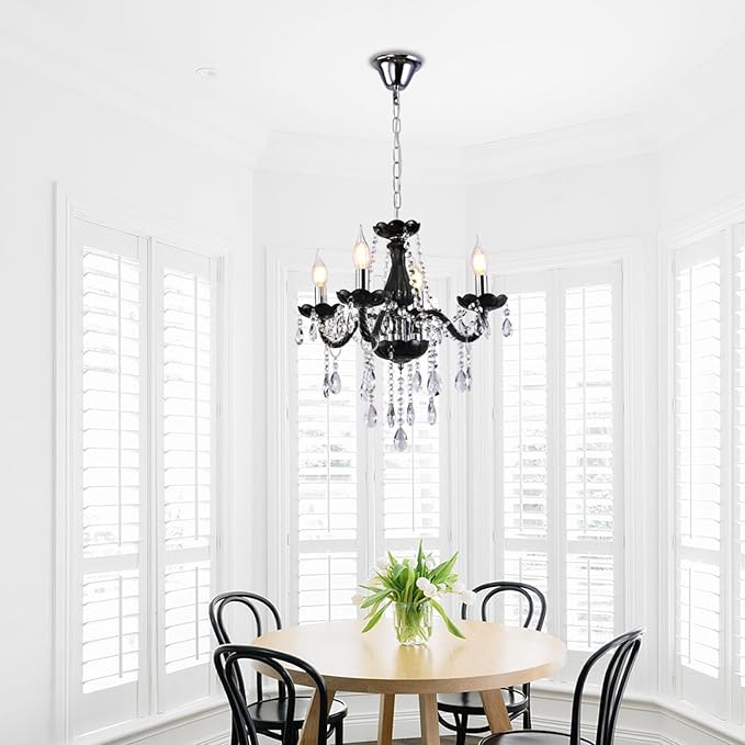 MALOSA Small Black Crystal Chandeliers,4 Lights Mini Black Glass Chandelier for Living Room,Bedroom,Dining Room,Kitchen Island.