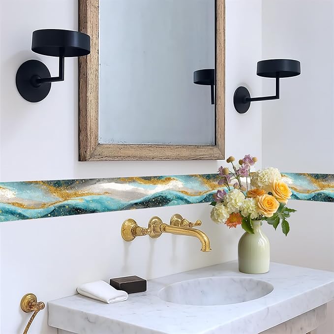 Blue Gold Marble Wallpaper Border 196x4 Inch Peel and Stick Wall Border Self Adhesive Luxury Water Wave Removable Vinyl Trim for Living Room Bedroom Bathroom Kitchen Cabinet Decoration