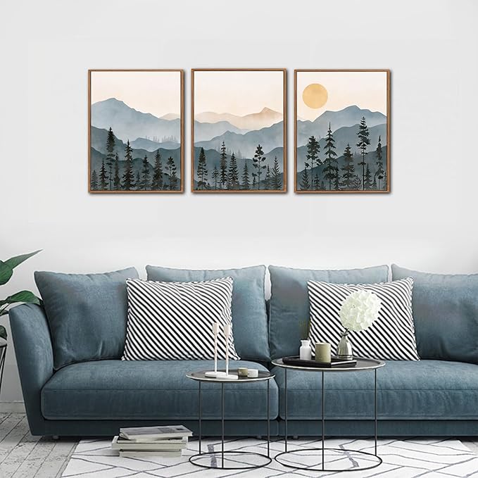 LHIUEM Boho Mountain Framed Canvas Wall Art Set of 3(12”X16”) Forest Pine Tree Wall Decor Nature Sunrise Wilderness Landscape Art Painting Forest Wall Art for Living Room Bedroom Dining Room Office