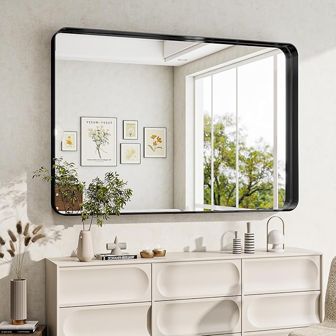 Bathroom Mirror Vanity for Over Sink Wall Mirror - 24x32 Inch Rounded Corner Rectangle Aluminum Frame Mirror,Hangs Horizontally or Vertically for Living Room Bedroom or Entryway Black