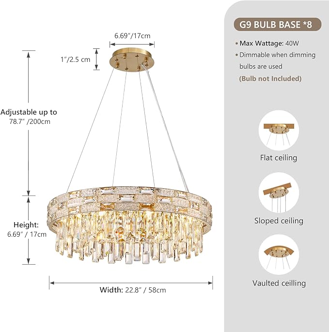 Modern Crystal Chandelier,8-Light Gold Chandelier Light Fixture Luxury K9 Crystal Oval Pendant Ceiling Light Fixture for Dining Living Room Kitchen Island Bar (D22.8Inch)