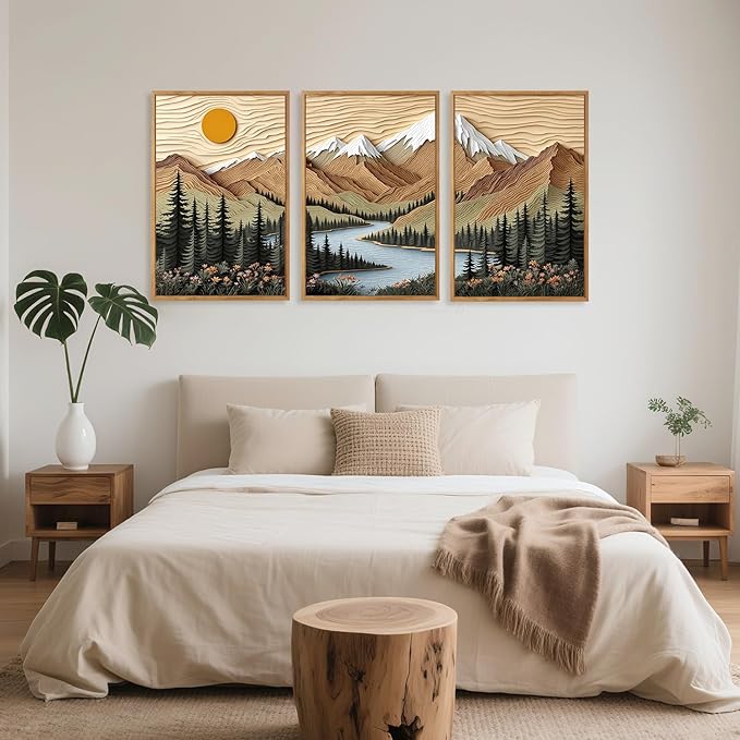 CHDITB Mountain Landscape Framed Canvas Wall Art Set, Forest Nature Wall Decor, Lake Pine Trees Artwork Country Woodcut Painting, Vintage Wilderness Art Prints For Living Room Bedroom Office 24"x36"x3