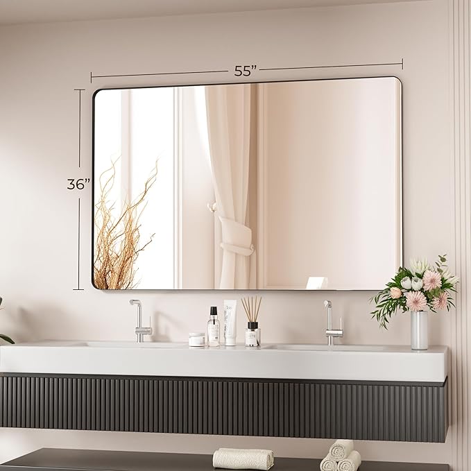 Black Bathroom Mirror 55X36 Inch Bathroom Vanity Mirror for Wall, Metal Frame Large Mirror, Tempered Glass, Modern Wall Mirror for Bathroom, Farmhouse, Horizontally or Vertically Hanging