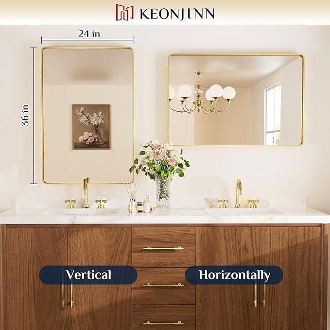 Keonjinn Gold Bathroom Mirrors for Over Sink 24 x 36 Inch Brushed Brass Metal Framed Mirror, Rounded Rectangle Bathroom Vanity Mirror, HD Tempered Glass Modern Mirror for Wall(Horizontal/Vertical)