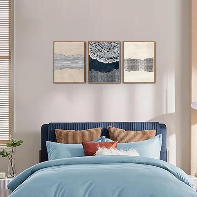 LHIUEM Coastal Chic Decor Blue Abstract Shapes Framed Canvas Wall Art Set of 3(12”X16”)Modern Tree Rings Wall Decoration Fireplace Grey Blue Decor Navy Blue Beige Brown Canvas Wall Art for Home Office