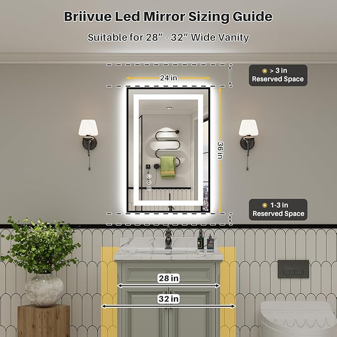 24x36 Inch LED Bathroom Mirror with Black Frame, Backlit & Front Lit, Anti-Fog Lighted Bathroom Vanity Mirror for Wall, Memory Function, Dimmable, HD Tempered Glass, Shatter-Proof