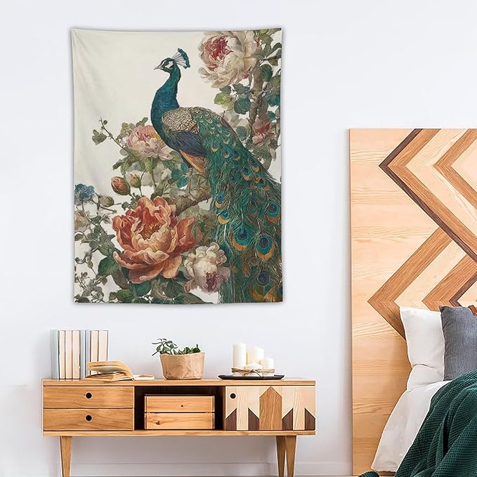 UUKXKUU Peacock Oriental Retro Blooming Flowers Tree Tapestry Flag Backdrop Wall Hanging Large Wall Art Decor for Dorm Office Bedroom Living Room 30"×40"
