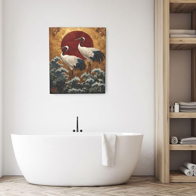 Japanese Crane Wall Art Gold Oriental Asian Wall Decor Sandhill Crane Canvas Pictures Paintings Prints Japan Traditional Aesthetic Artwork Framed Chinese Decorations For Bedroom Living Room Office Gifts 20" x 24"