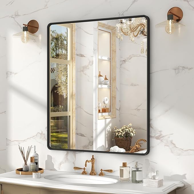 OKPAL 30X36 Inch Matte Black Metal Frame Bathroom Mirror for Wall, Black Bathroom Vanity Mirror Farmhouse, Black Rounded Rectangle Mirror, Anti-Rust, Tempered Glass (Horizontal/Vertical)