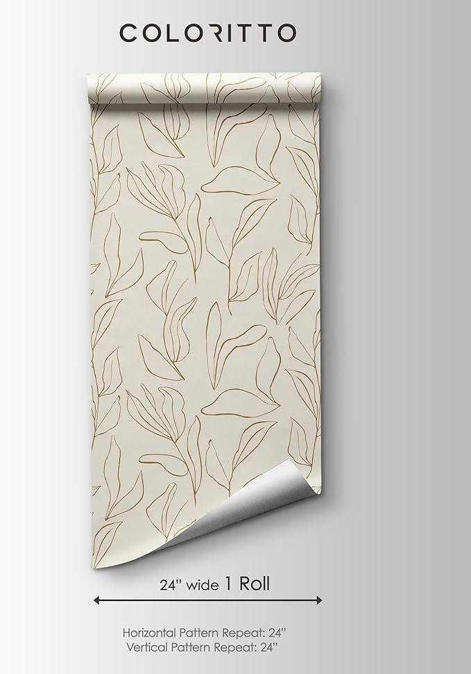 Modern Boho Leaves Wallpaper | Removable Self Adhesive Minimalistic Wallpaper | Neutral Floral Peel and Stick Wallpaper (Sample 12" W x 8" H)