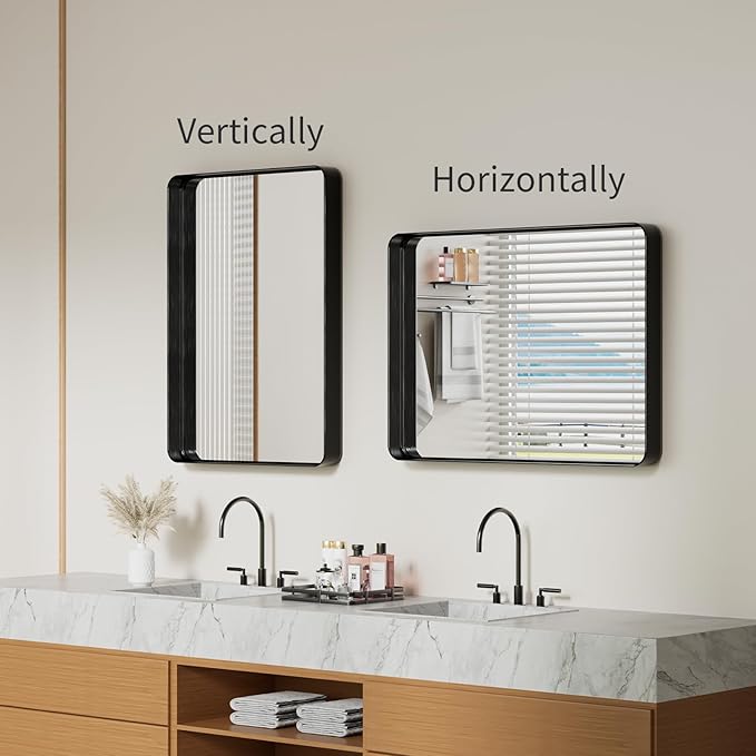 Koonmi Black Bathroom Mirror for Wall, 22x30 Inch Matte Metal Deep Framed Rounded Corner Wall Mirror, Shatterproof Tempered Glass for Farmhouse Bedroom Entryway, Vertically or Horizontally
