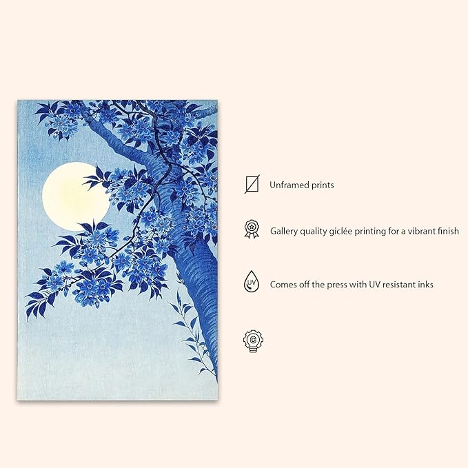 OZCONO Japanese Moon and Cherry Blossom Art Print, UV-Resistant Giclée Print, Unframed Wall Decor (11L x 9W)