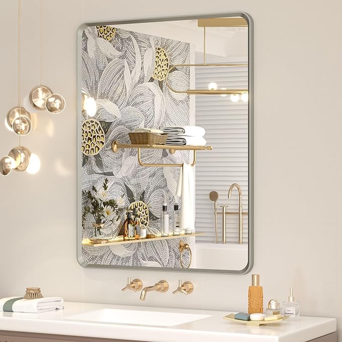 OKPAL Brushed Nickel Bathroom Mirror for Wall 28 x 36 in, Rectangular Metal Framed Silver Mirror for Vanity Beveled Round Corner Aluminum Alloy Rectangle Modern Mirror(Horizontal/Vertical)