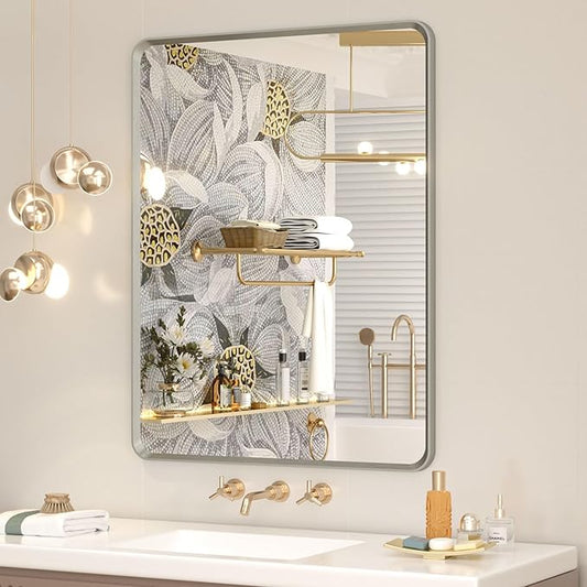 OKPAL Brushed Nickel Bathroom Mirror for Wall 28 x 36 in, Rectangular Metal Framed Silver Mirror for Vanity Beveled Round Corner Aluminum Alloy Rectangle Modern Mirror(Horizontal/Vertical)
