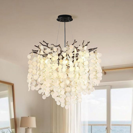 Capiz Shell Chandelier 18-Inch, Black Crystal Tree Branch Chandelier, 6-Light Coastal Light Fixture, Contemporary Entryway Chandeliers, for Dining Room Bedroom Foyer Bathroom