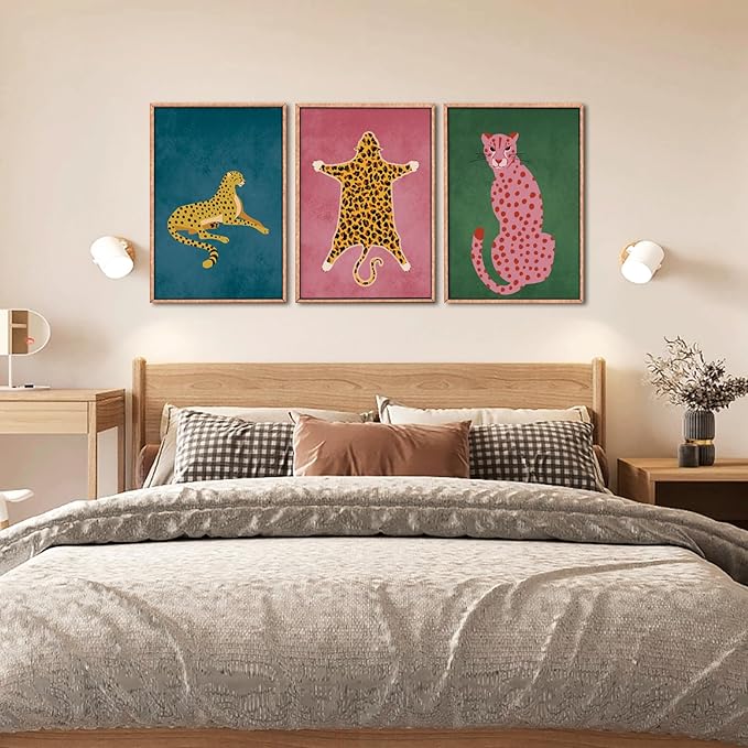 Ausril Cheetah Animals Framed Canvas Wall Art Set, Leopard Preppy Room Wall Decor, Modern Boho Cats Wall Painting, Pink Dot Cartoon Art Print for Living Room Bedroom Dinning Room Office 24"x36"x3