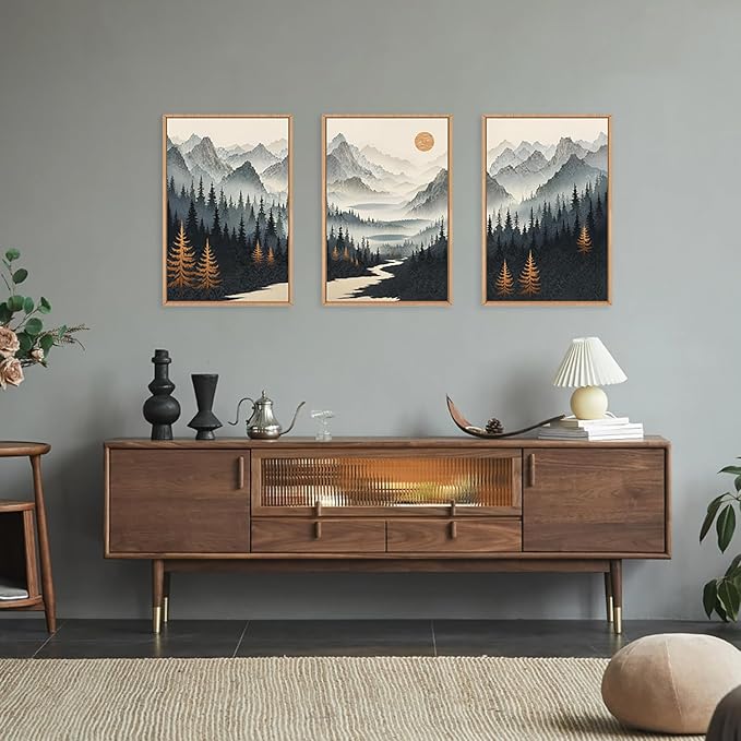 Ausril Watercolor Mountain Forest Framed Canvas Wall Art Set, Wood Foggy Lake Wall Decor, Misty Pine Tree Wall Painting, Neutral Nature Landscape Art Print for Living Room, Bedroom, Office - 16"X24"X3