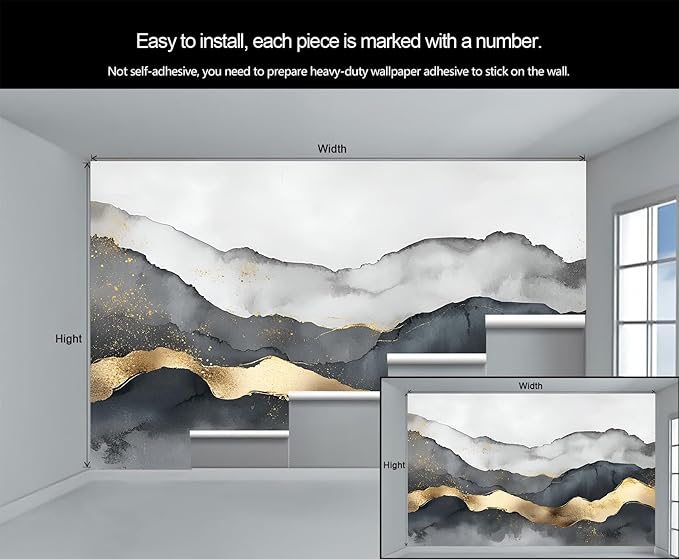 Black Gold Mural Wallpaper, Modern Fashion Marble Murals, Abstract Gradient Art Murals, Large Wallpaper for Living Room Bedroom Kids Room Home Decor Mural (Not Peel Stick)