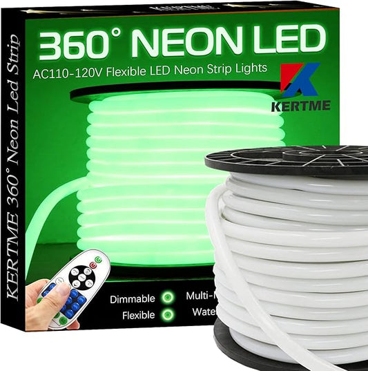 360° Neon Led Type AC 110-120V 360 Degree NEON LED Light Strip, Flexible/Waterproof/Dimmable/Multi-Modes LED Rope Light + Remote for Home/Garden/Building Decor (98.4ft/30m, Green)