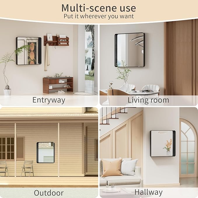 Koonmi Black Wall Mirror for Bathroom, 30x30 Inch Matte Deep Framed Rounded Rectangle Vanity Mirror for Farmhouse Living Room, Tempered Glass, Anti-Rust, Vertically or Horizontally