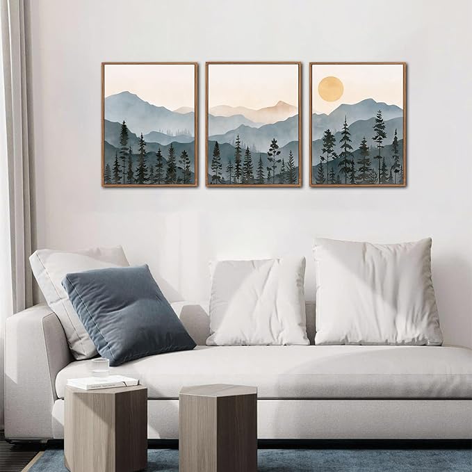 LHIUEM Boho Mountain Framed Canvas Wall Art Set of 3(12”X16”) Forest Pine Tree Wall Decor Nature Sunrise Wilderness Landscape Art Painting Forest Wall Art for Living Room Bedroom Dining Room Office