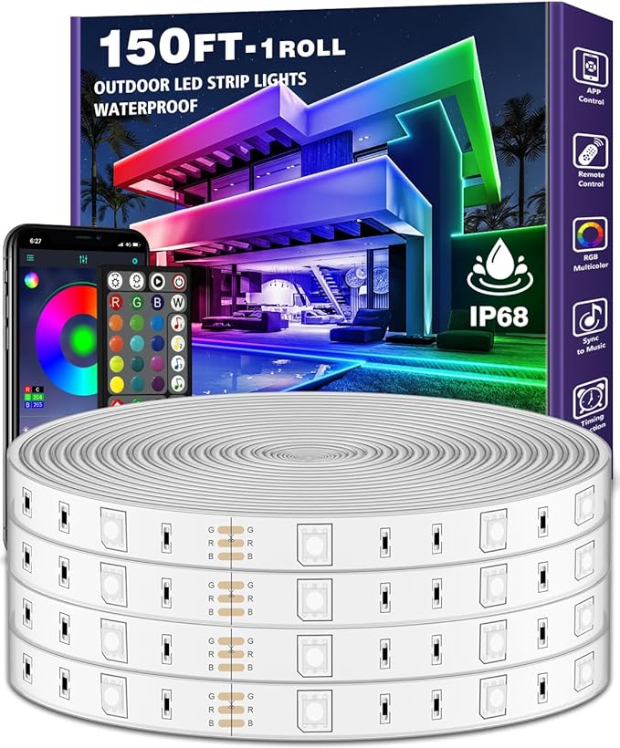 Outdoor LED Strip Lights Waterproof,IP68 Outside Led Light Strips Waterproof with Bluetooth App Remote Control,Music Sync RGB Exterior Led Rope Lights,for Balcony,Deck (150ft Outdoor LED Strip Lights)