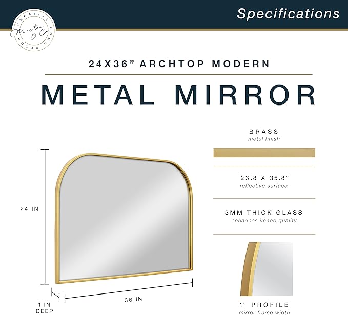 MCS Master & Co. Modern Metal Large Wall Mirror, Minimalist Home Decor Mantle Arch Mirror for Living Room, Bedroom, or Bathroom, 24 by 36 Inch, Brass