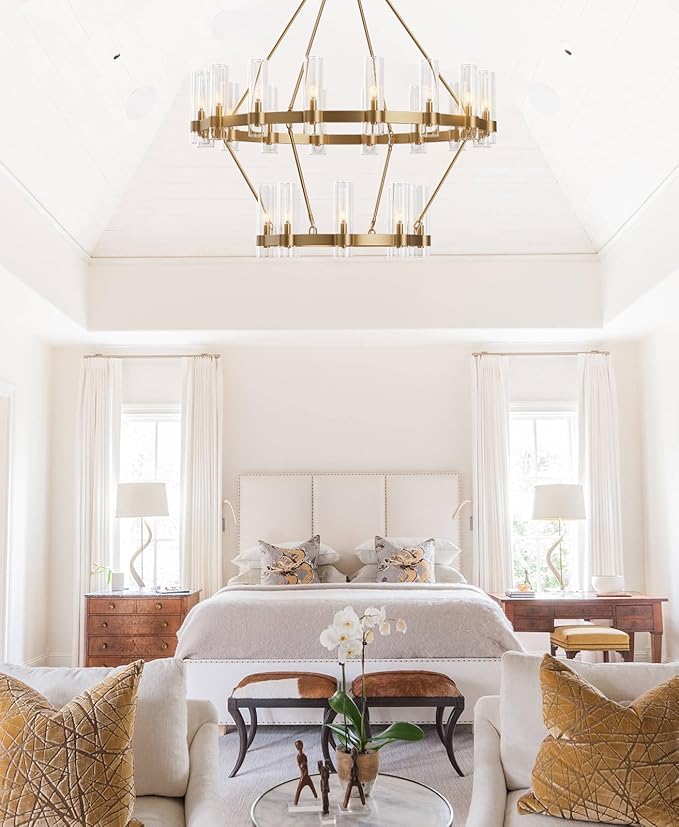 Large Gold Chandelier,24-Lights Wagon Wheel Chandelier with Glass Shade,48 Inch Round Industrial High Ceilings Pendant Lighting Fixture for Dining Living Room, Kitchen Island, Foyer