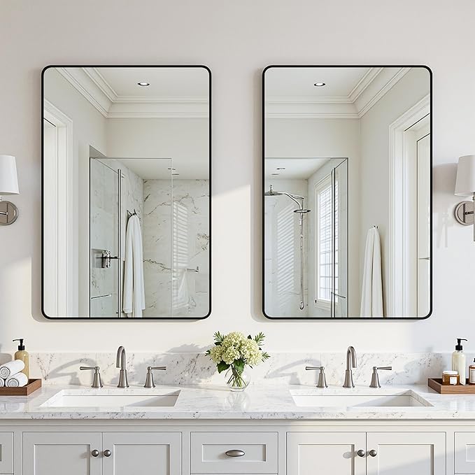 Antok 2PCS Wall Mirror, 24"x36" Bathroom Vanity Mirror, Anti-Rust HD Tempered Glass, Wall Mounted Mirrors for Living Room, Entryway, Black Frame, Rect