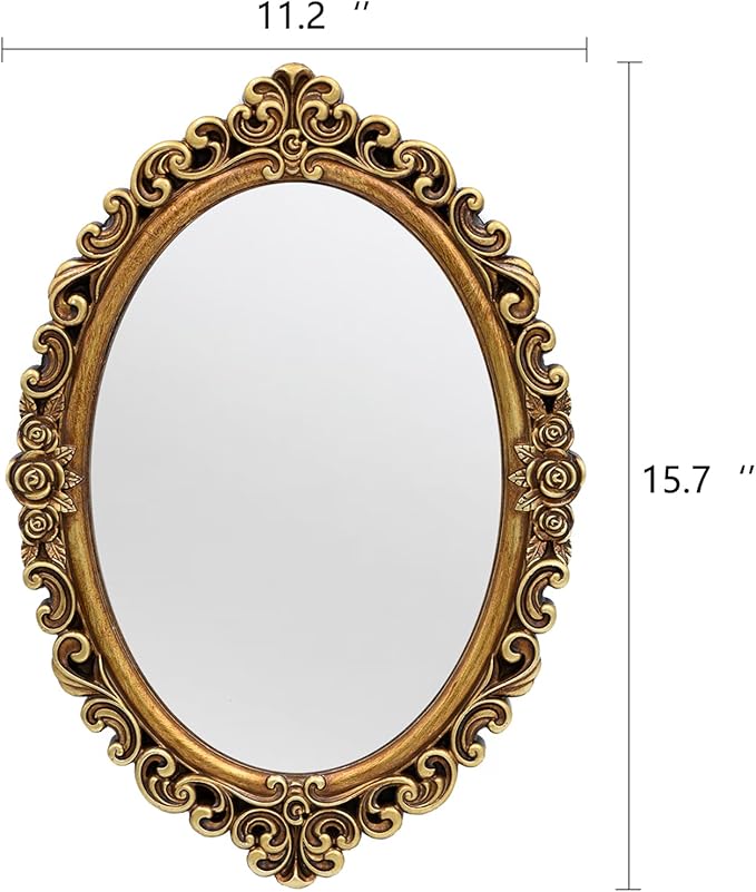 OIGUMR Small Oval Wall Mirror Resin Frame Size：15.7 x 11.2 inch Mirror Vintage Hanging Mirrors for Bedroom Living-Room Dresser Decor Gold