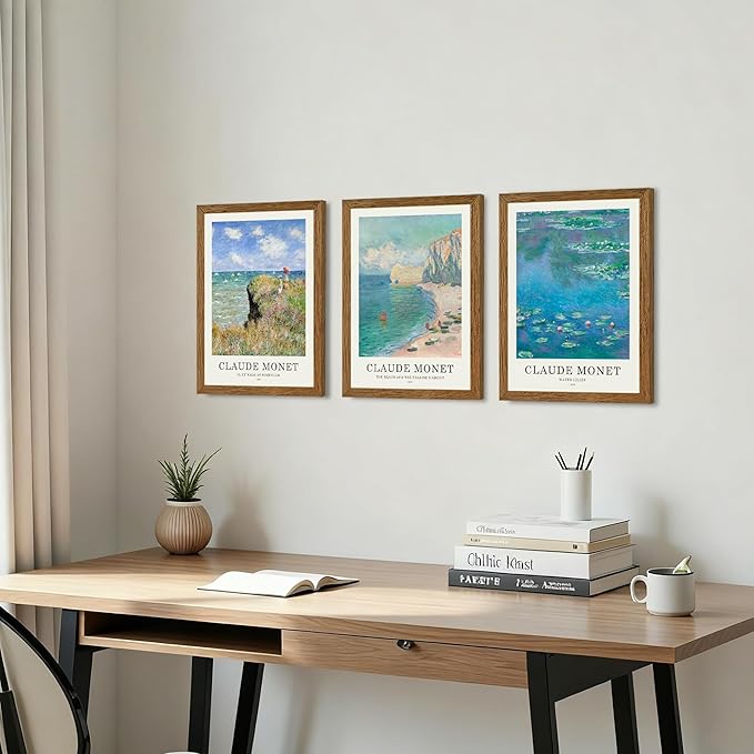 JLTULT 3 Piece Framed Vintage Claude Monet Canvas Wall Art, Impressionism Landscape Wall Decor, The Cliff Walk at Pourville Water Lilies Prints for Living Room Bedroom Office 12x16 in Easy to Hang