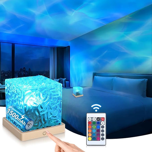 Aurora Ocean Wave Projector Light, Cordless Rechargeable, 16 Colors 4 Modes Northern Lights Lamp with Touch & Remote for Bedroom, Water Ripple Night Light for Room Decor Ambient Mood Lighting
