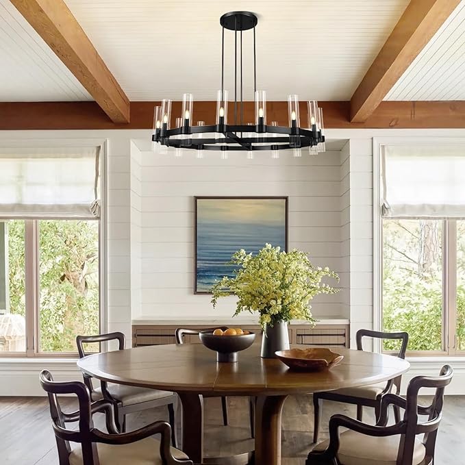 Modern 48" Black Wagon Wheel Chandelier, Black Farmhouse Chandeliers for Dining Room,16-Light Round Living Room Chandelier with Glass Tube for Bedroom,Staircase, Foyer, Entryway, Includes Bulbs