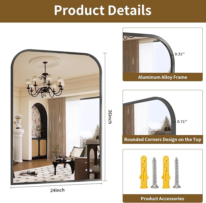 Black Wall Mounted Bathroom Mirror - 36 x 24 Inch Round Cruved Top Right Angle Bottom Wall Mirror, Aluminum Metal Framed, Decor for Living Room, Bedroom, Fireplace, Mantle, Entryway