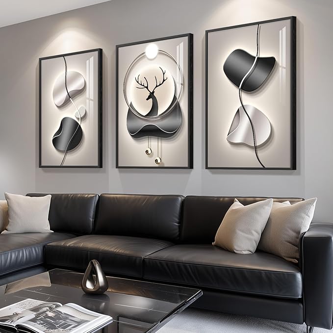 3 Piece Large Framed Modern Abstract Wall Art, Black and Gray Silver Bright Artworks Decor, Minimalist Geometric Line Deer Picture Prints for Living Room Entryway and Hallway 24x36 Inch