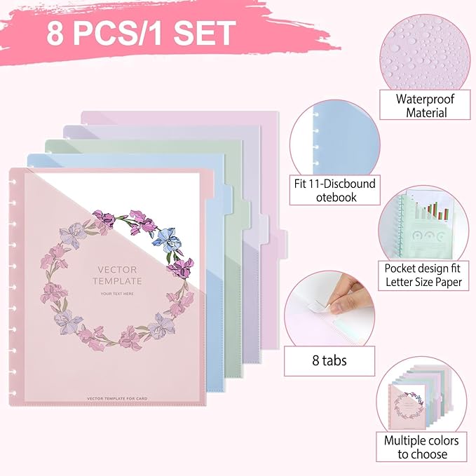 8 Pcs Discbound Pocket Dividers 8.5 x 11 with Tabs and Pockets 8 Tab Discbound Pocket Folders Letter Size DiscBound Binder Dividers Plastic Disc Planner Supplies for Business School Office(Pastel)