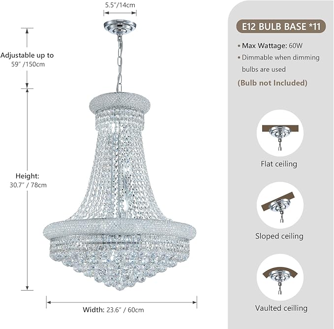 Modern Crystal Chandeliers Light Fixture,11-Light Empire Style K9 Crystal Chandeliers for Entryway, Chrome Finish Luxury Chandeliers for Living Room Bedroom Stairway Foyer Hallway D23.6