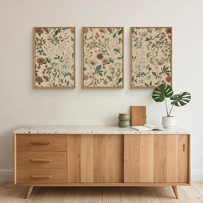 Large Abstract Vintage Floral Framed Canvas Wall Art Set,Boho Retro Neutral Wildflower Wall Decor,Mid Century Antique Flower Botanical Artwork for Living Room,Bedroom,Farmhouse- 16"x24"x3