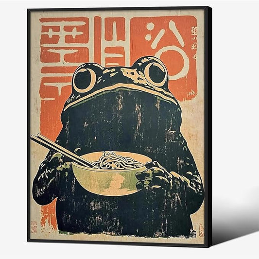 Black Framed Canvas Wall Art Posters Vintage Japanese Frog Prints Funny Frog Eating Ramen Unique Kitchen Decor Artwork 8x10 inch for dining Room Bedroom or Living Room Decoration