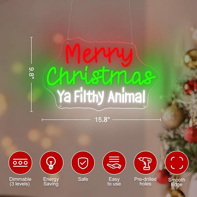 Merry Christmas Ya Filthy Animal Neon Sign Room Decor for Christmas Decoration Xmas USB LED Neon Light Signs 15.8x9.8"