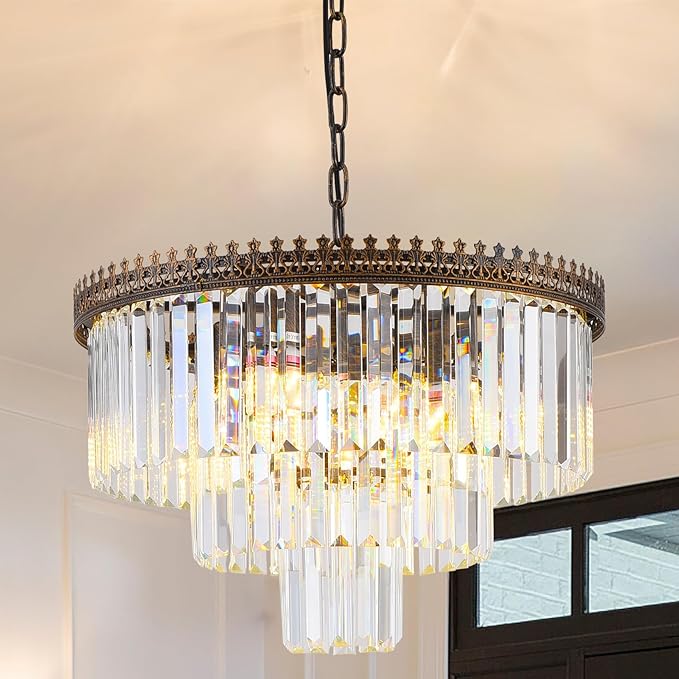 6-Light Crystal Chandelier, 3-Tier Modern Chandelier for Dining Room, Farmhouse Round Crystal Hanging Light Fixture for Foyer Living Room Entryway Bedroom