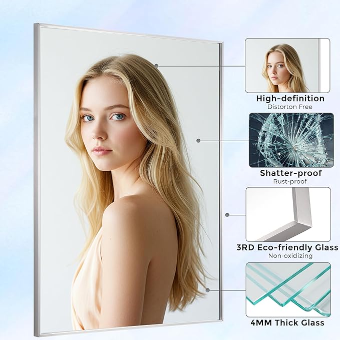 24x40 Inch Nickel Bathroom Mirror for Wall, Aluminum Frame Rectangle Rectangular Vanity Mirror, Modern Large for Bedroom, Living Room, Horizontal or Vertical