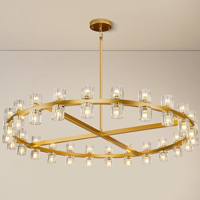 Modern 48 inch Gold Round Chandeliers Light Fixture, Crystal Chandeliers for Dining Room, Living Room Chandelier, Wagon Wheel Chandelier Over Table, Suitable for Bedroom,Foyer,Includes Bulbs