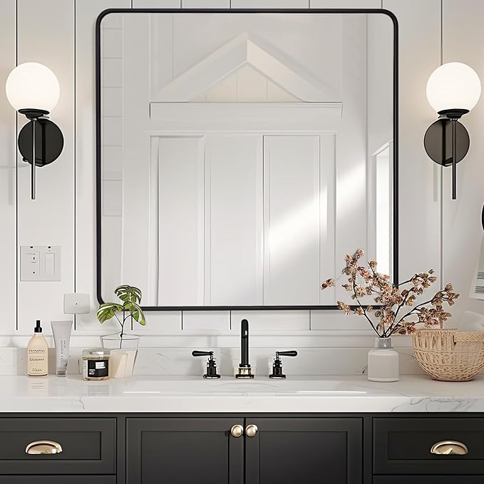 ANDY STAR 36X36 Inch Square Black Bathroom Mirror, Matte Black Vanity Mirrors for Wall, Rounded Square Mirror for Bathroom, Seamless Tube Metal Frame, 1’’ Deep Wall Mounted Vertical/Horizontal