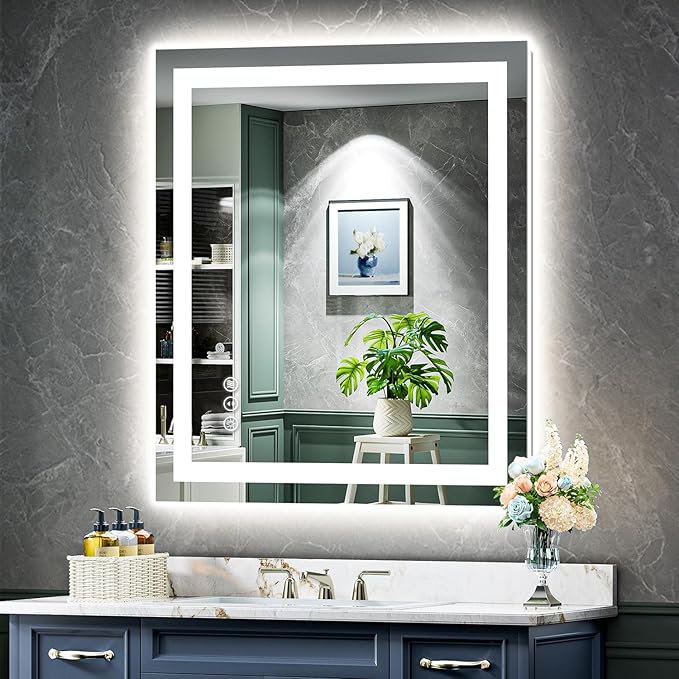 32x36 Inch LED Bathroom Mirror with Lights Front and Backlit Lighted Vanity Mirror for Bathroom Wall with 3 Colors Dimmable Anti-Fog Memory Shatter-Proof IP54 Waterproof Horizontal/Vertical