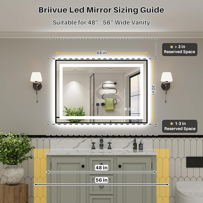 44x30 Inch LED Bathroom Mirror with Black Frame, Backlit & Front Lit, Anti-Fog Lighted Bathroom Vanity Mirror for Wall, Memory Function, Dimmable, HD Tempered Glass, Shatter-Proof