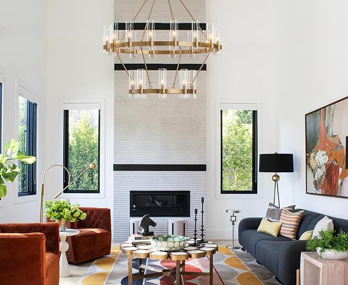 Large Gold Chandelier,24-Lights Wagon Wheel Chandelier with Glass Shade,48 Inch Round Industrial High Ceilings Pendant Lighting Fixture for Dining Living Room, Kitchen Island, Foyer