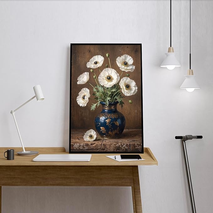 Vintage white poppy flowers canvas painting ornate blue vase gold floral pattern rustic textured wood background ruffled petals green leaves vertical composition botanical wall art home decor