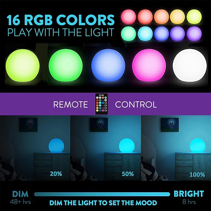 Mr.Go 10" Ultra-Fun Waterproof RGB Color-Changing LED Ball Light Orb Globe Lamp, Dimmable 16 Colors 4 Modes, Ideal for Kids Night Light Party Outdoor Pool Garden Patio Ambient Decorative Lighting