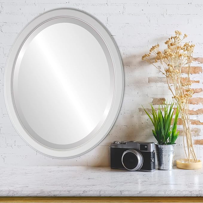 OVALCREST Oval Beveled Wall Mirror for Home Decor - Toronto Style - Linen White - 18" x 14"